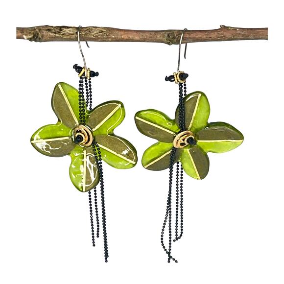 VTG Lalo FLOWER EARRINGS 4" Dangle Drop Green Gold Resin Black Bead Chains - Picture 5 of 6